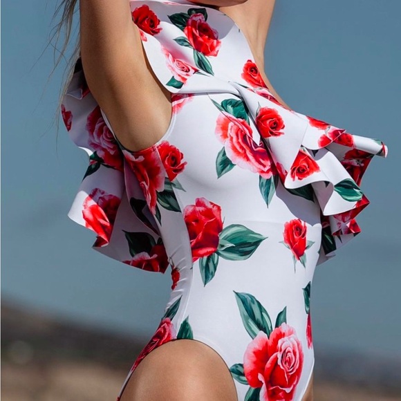 Elegant one-shoulder Onia swimsuit with a vibrant floral rose print. - Picture 2 of 6